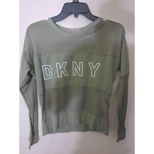 DKNY Sport Mesh Top Womens Medium Green Long Sleeve Graphic Logo Pullover
